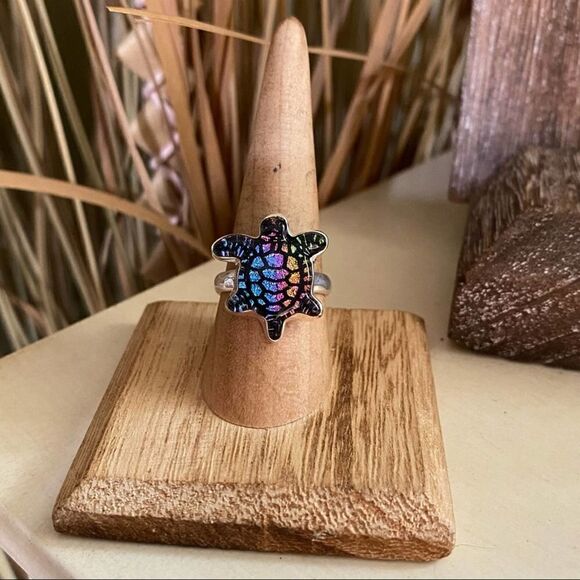 Turtle Dichroic Glass Sterling Silver Ring Size 8 - Picture 1 of 5